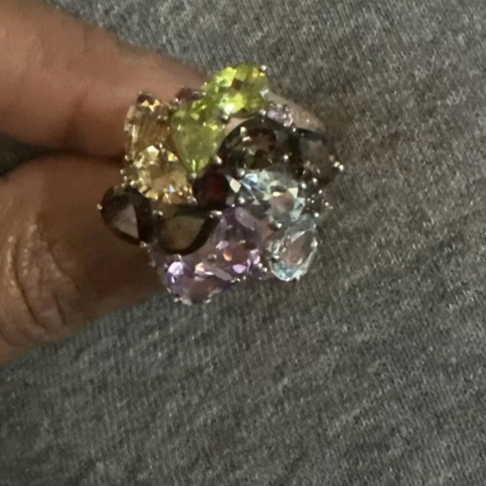 Sterling Silver Ring 925 With Flower Shape Purple Green Blue Yellow Size 10